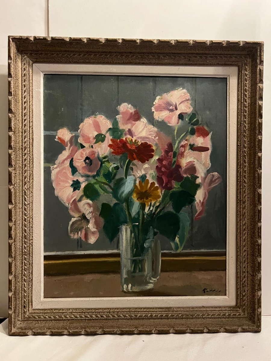 Painting Vase Of Flowers Signed Illegible, Oil On Canvas, Sculpted Wooden Frame. -photo-3