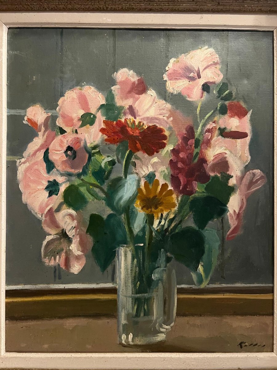 Painting Vase Of Flowers Signed Illegible, Oil On Canvas, Sculpted Wooden Frame. -photo-1