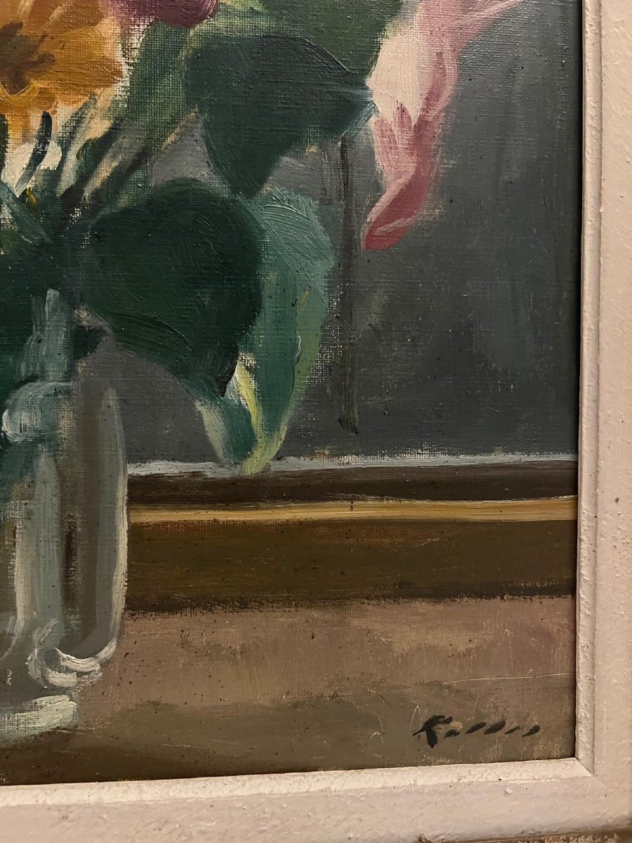 Painting Vase Of Flowers Signed Illegible, Oil On Canvas, Sculpted Wooden Frame. -photo-4