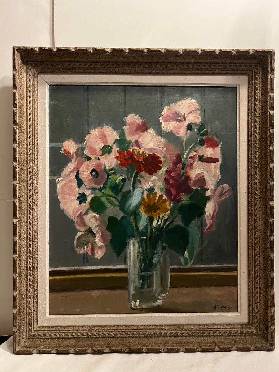 Painting Vase Of Flowers Signed Illegible, Oil On Canvas, Sculpted Wooden Frame. 