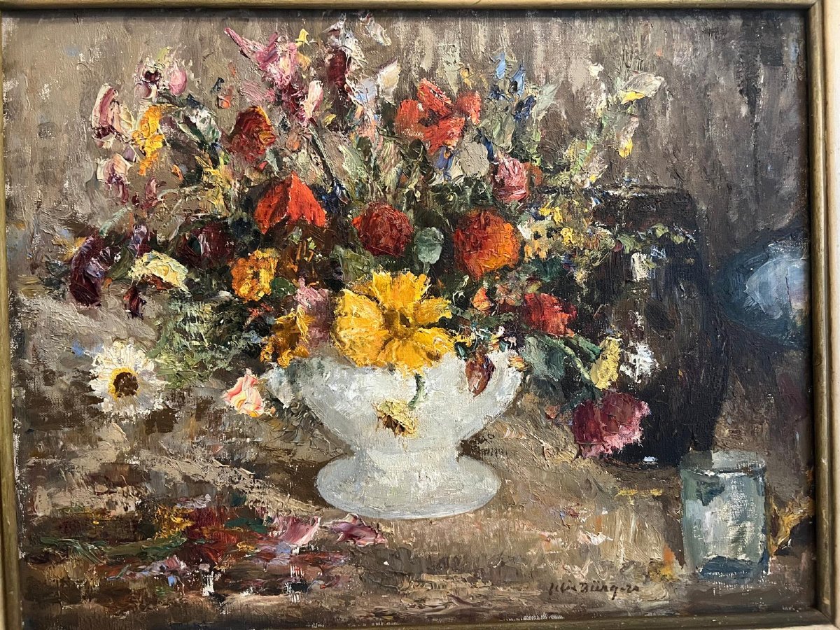 Tableau vase fleurie.  Signé  Félix  Bürgers  1870-1934, École Allemande. -photo-3