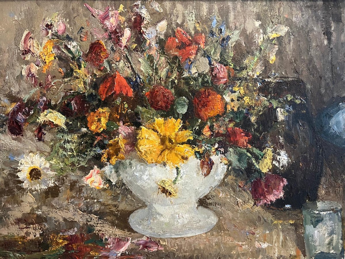 Tableau vase fleurie.  Signé  Félix  Bürgers  1870-1934, École Allemande. -photo-3