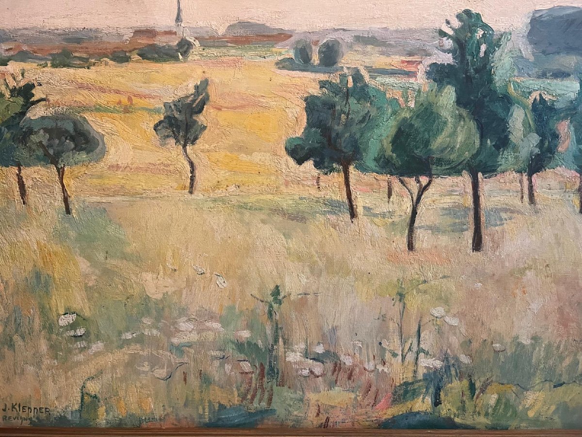 Painting Countryside Landscape With Village In The Distance, Signed Jeanne Klepper Born In Troyes. -photo-2