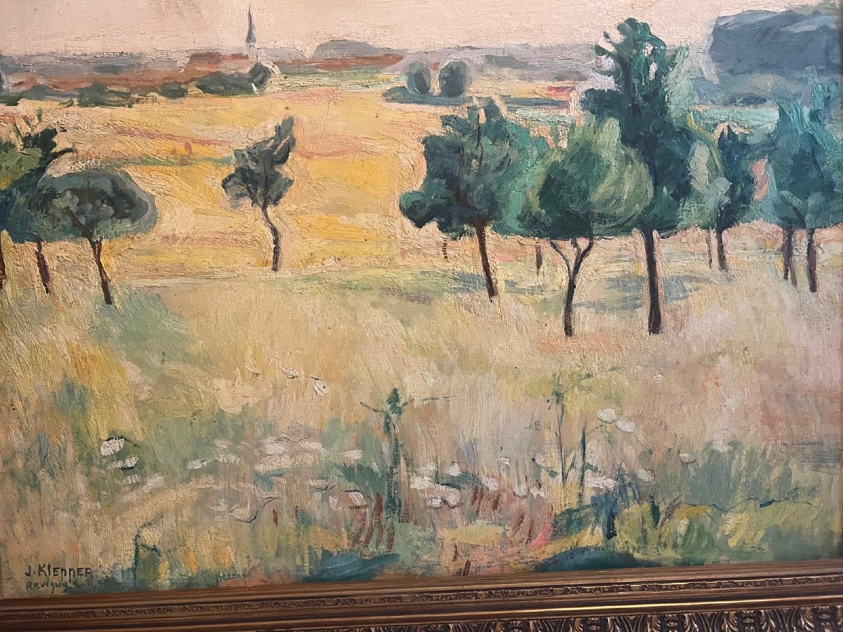 Painting Countryside Landscape With Village In The Distance, Signed Jeanne Klepper Born In Troyes. -photo-3