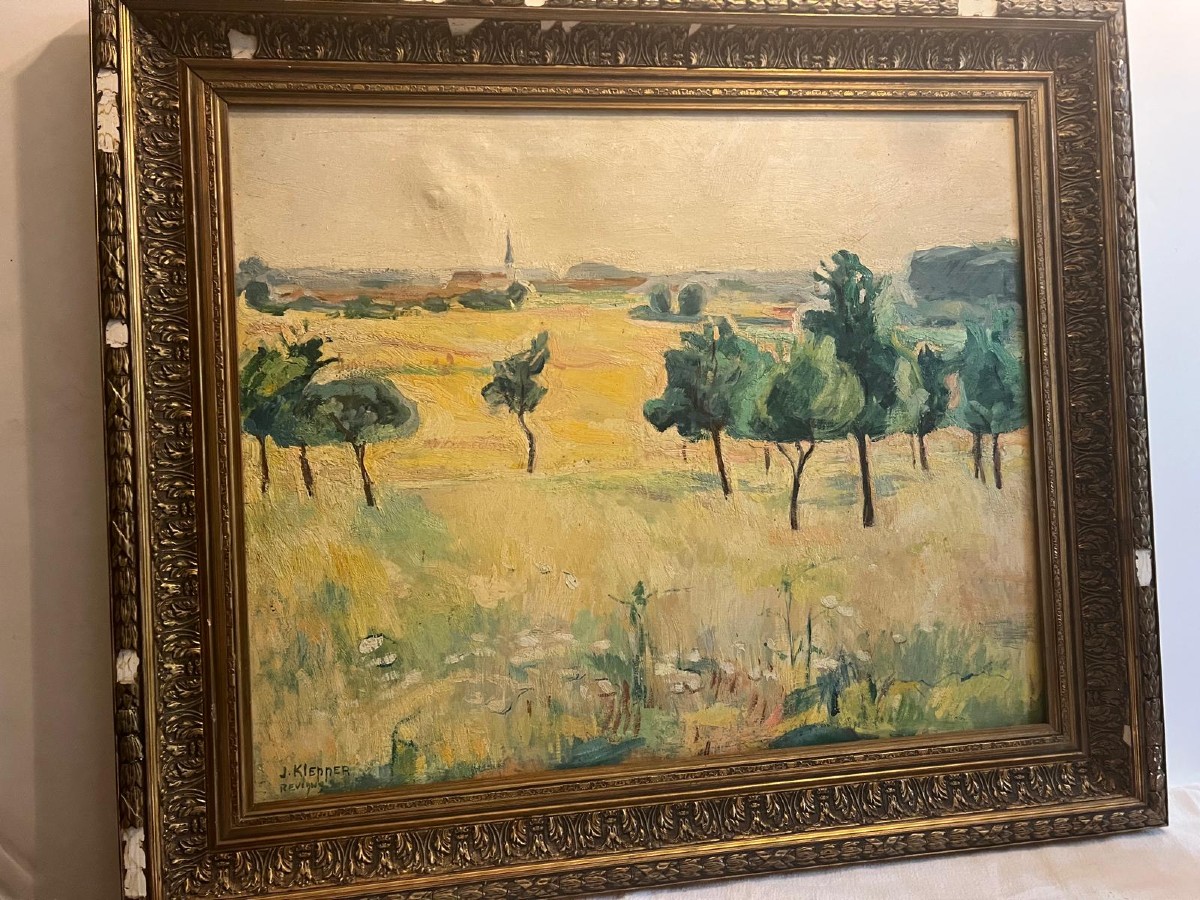 Painting Countryside Landscape With Village In The Distance, Signed Jeanne Klepper Born In Troyes. 