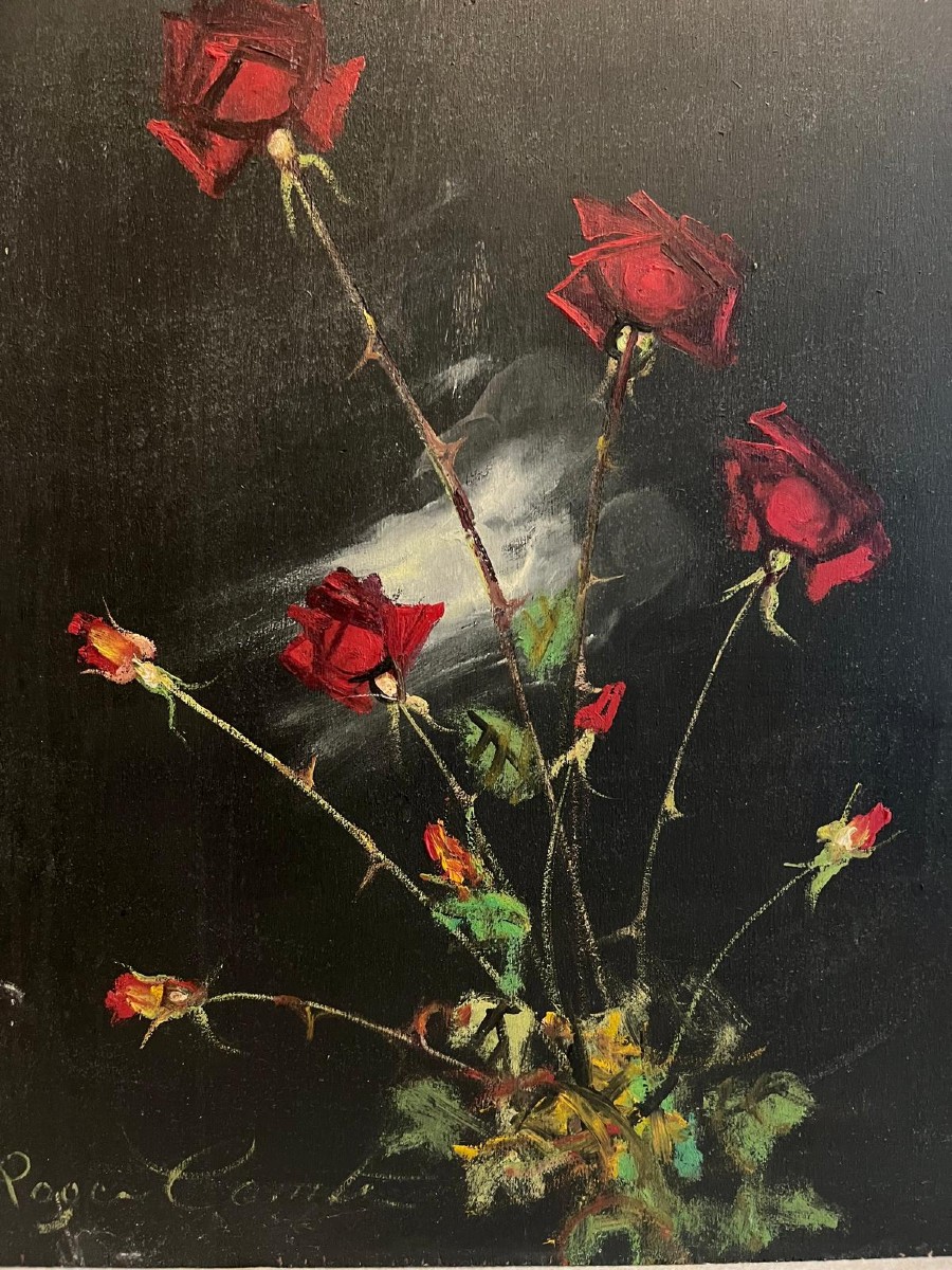 Painting Bouquet Of Roses Signed Roger Conte 1913-2006, Oil On Wood 