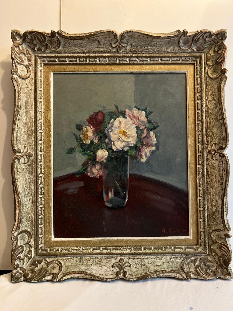 Painting Vase Of Flowers Signed Roger Guit 1899-1978, Very Beautiful Sculpted Wooden Frame. -photo-3