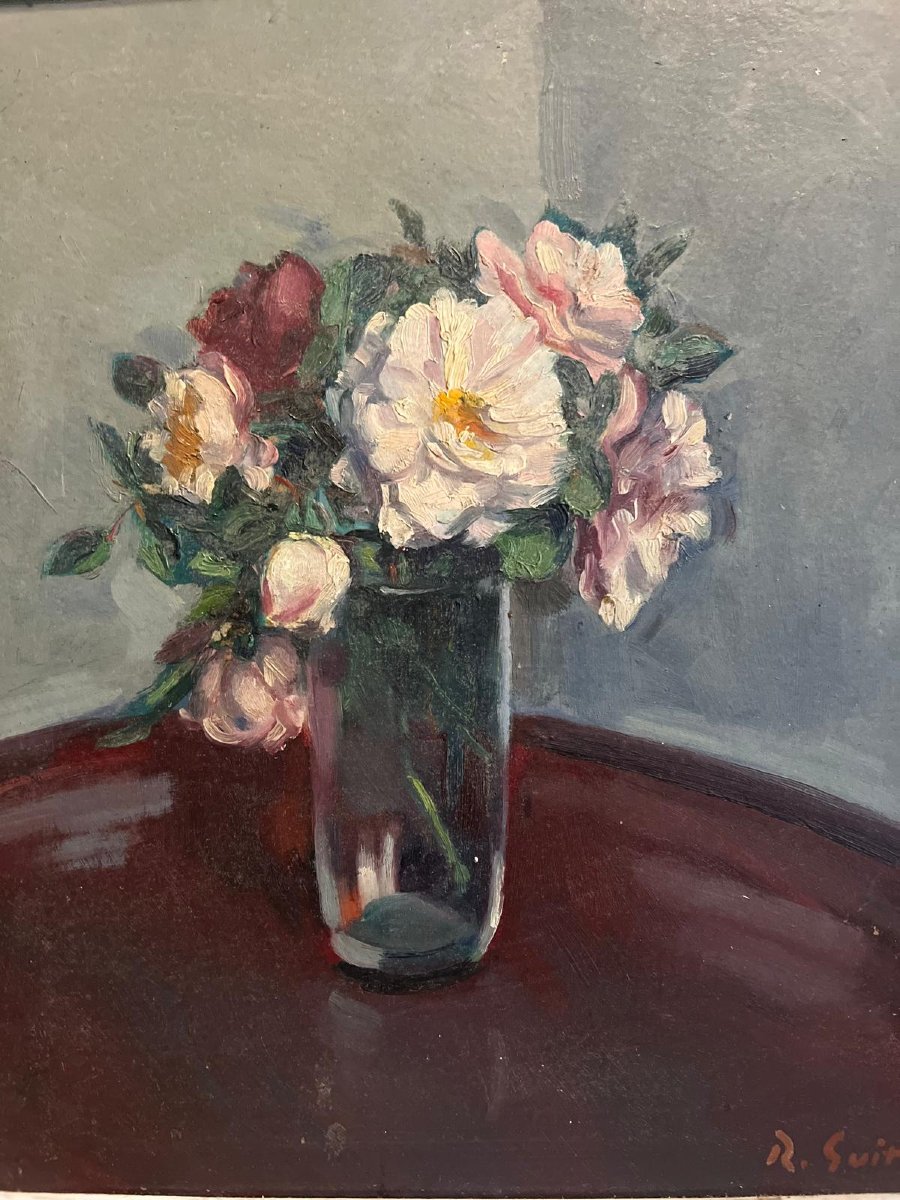 Painting Vase Of Flowers Signed Roger Guit 1899-1978, Very Beautiful Sculpted Wooden Frame. -photo-2