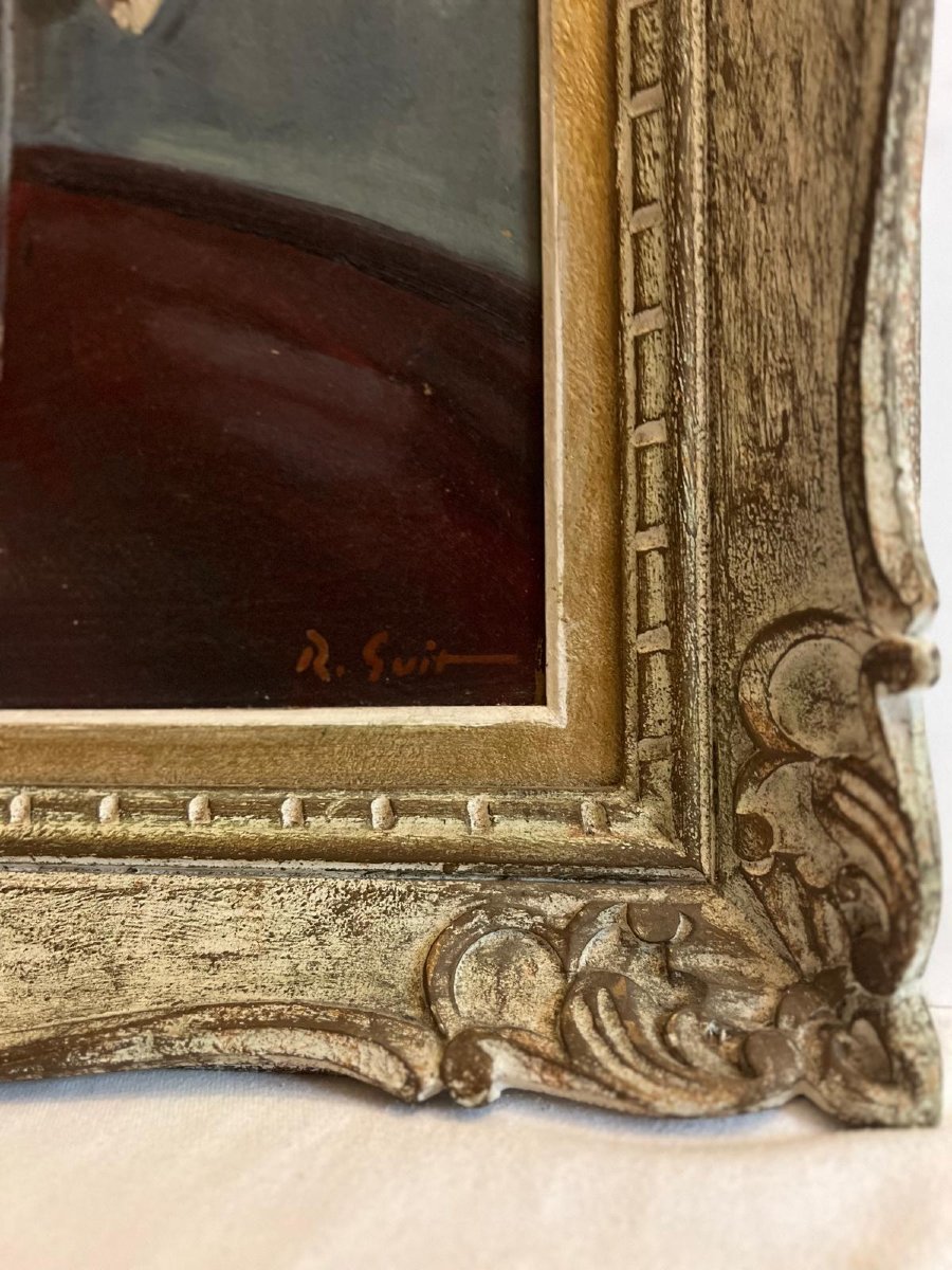 Painting Vase Of Flowers Signed Roger Guit 1899-1978, Very Beautiful Sculpted Wooden Frame. -photo-3