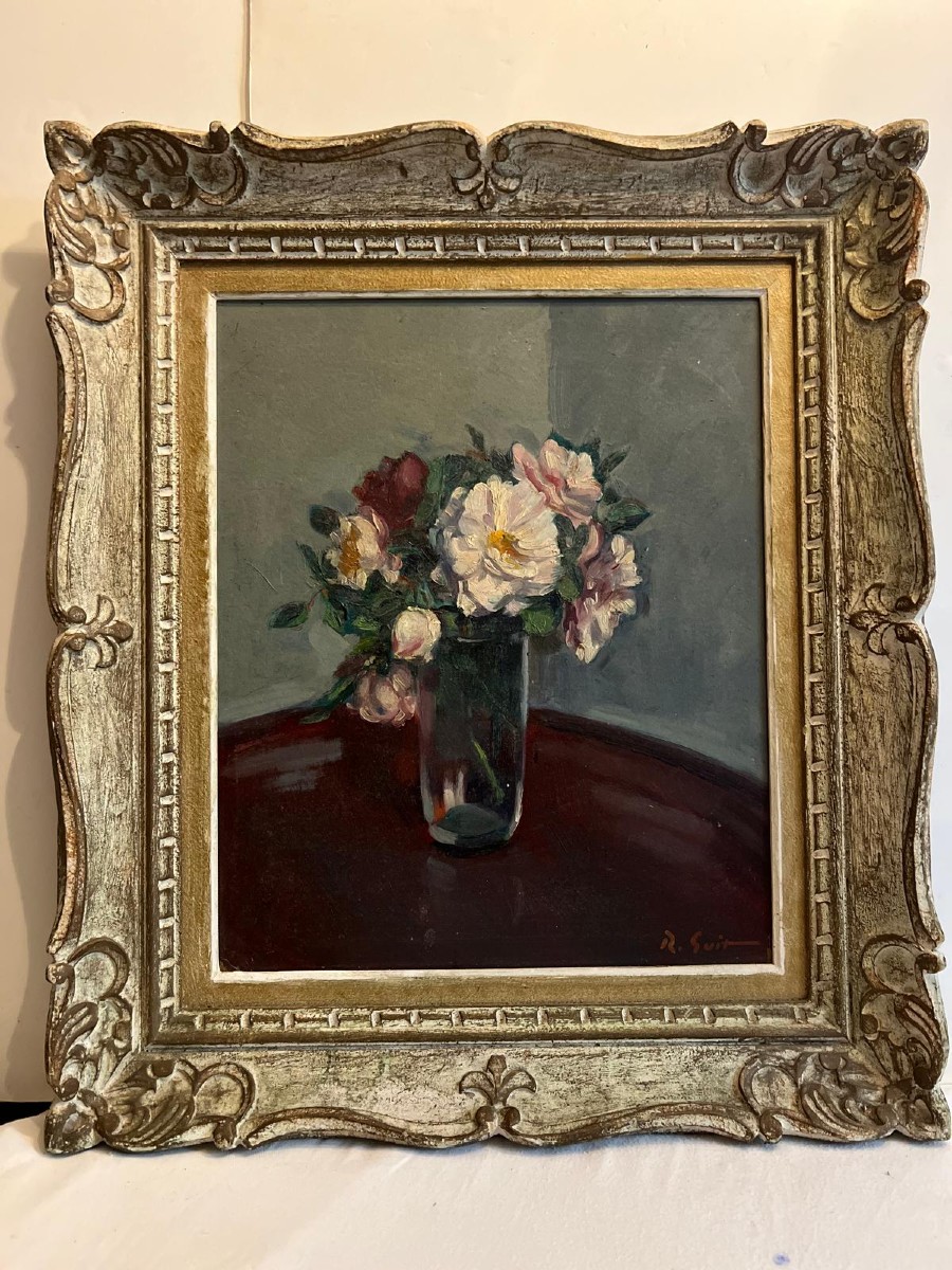 Painting Vase Of Flowers Signed Roger Guit 1899-1978, Very Beautiful Sculpted Wooden Frame. 