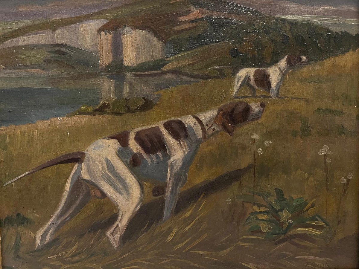 Tableau  chien  de chasse Signé  Fernand Pierre Coustons  1876-1973-photo-2