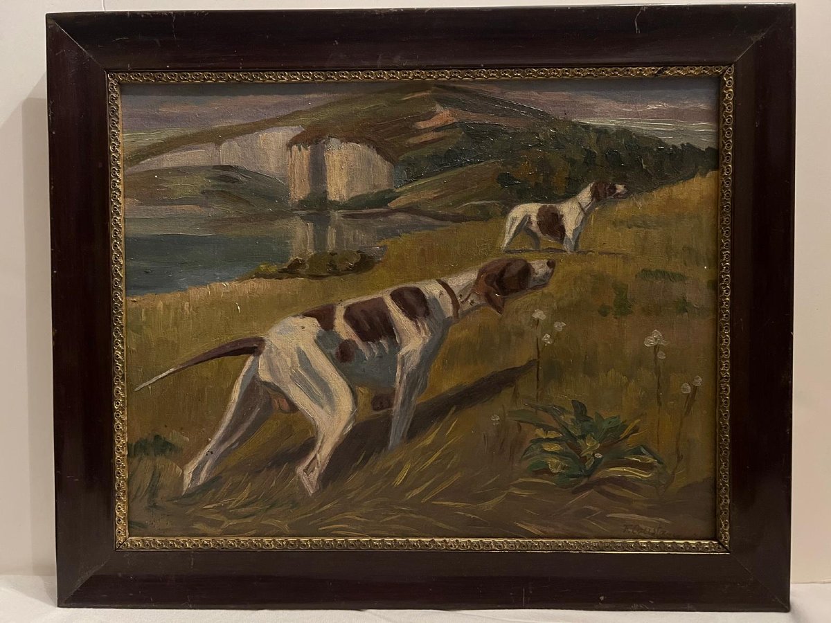 Tableau  chien  de chasse Signé  Fernand Pierre Coustons  1876-1973-photo-3