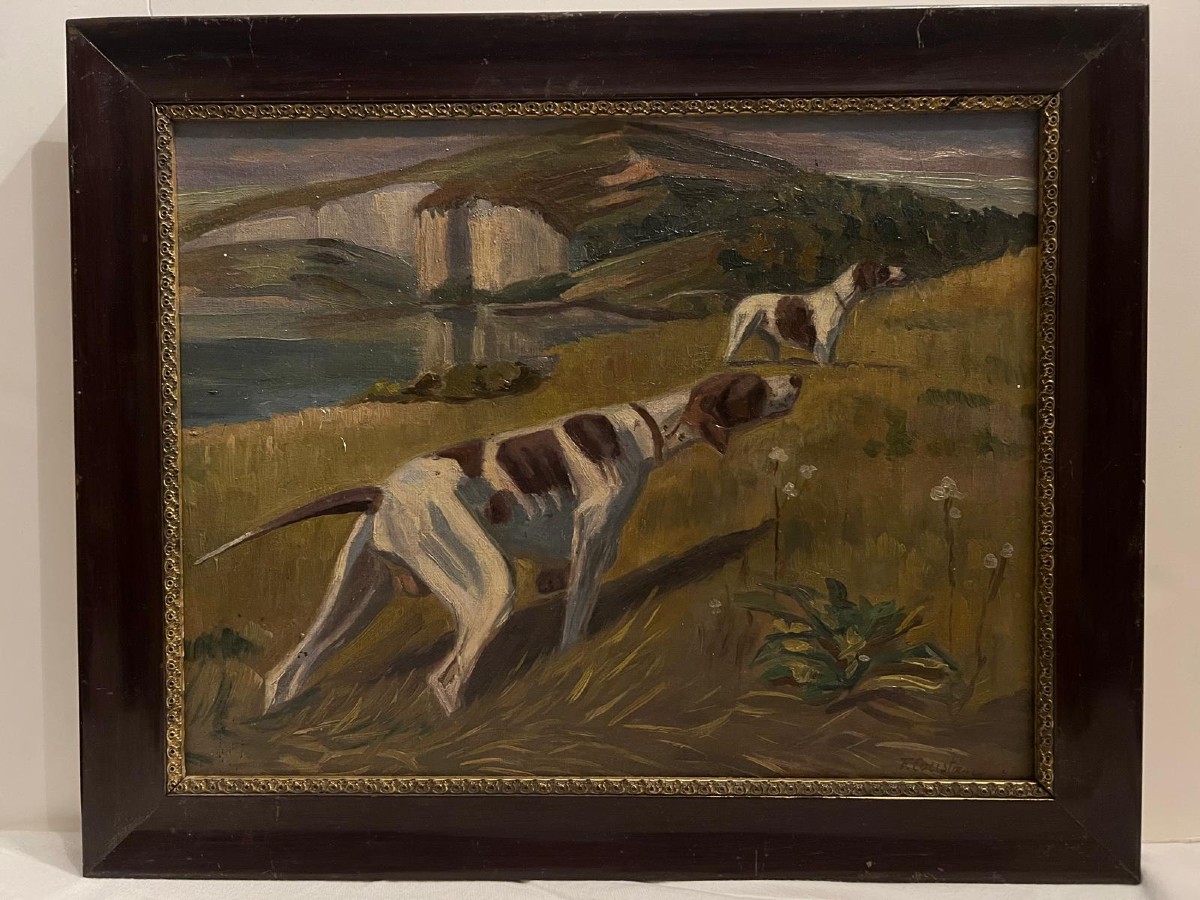 Tableau  chien  de chasse Signé  Fernand Pierre Coustons  1876-1973