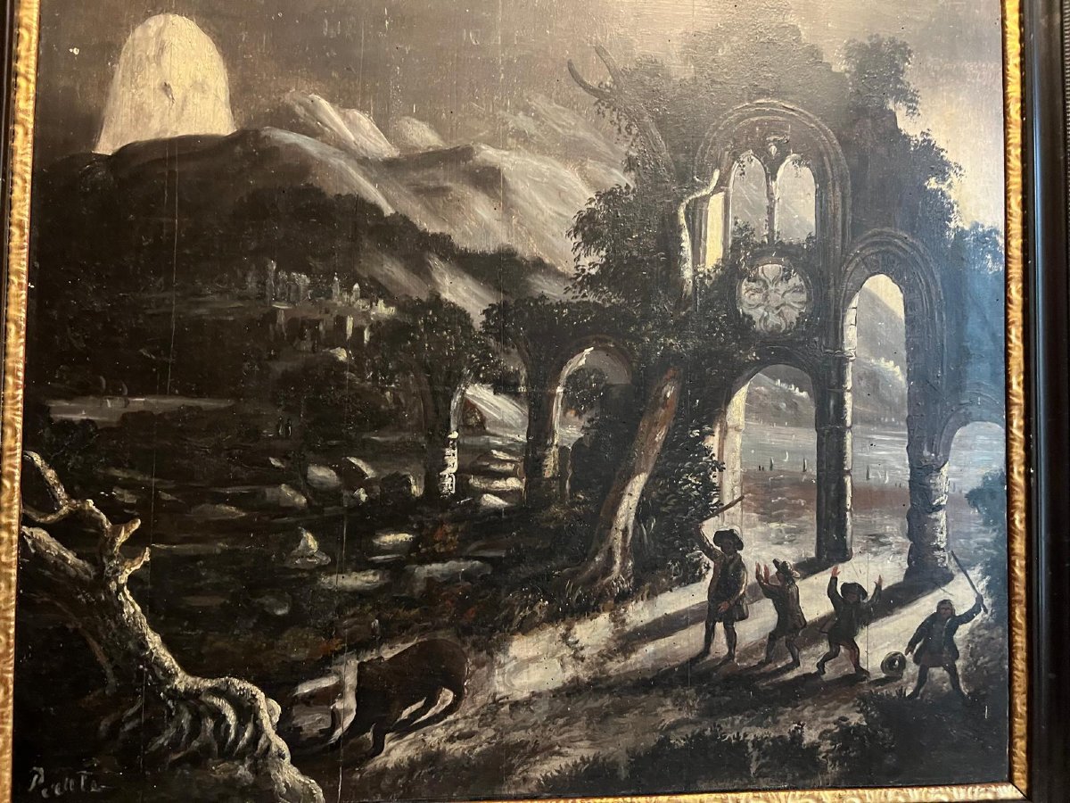 Tableau  19ème  Chasse  à l'ours  Signé  Peraté -photo-2