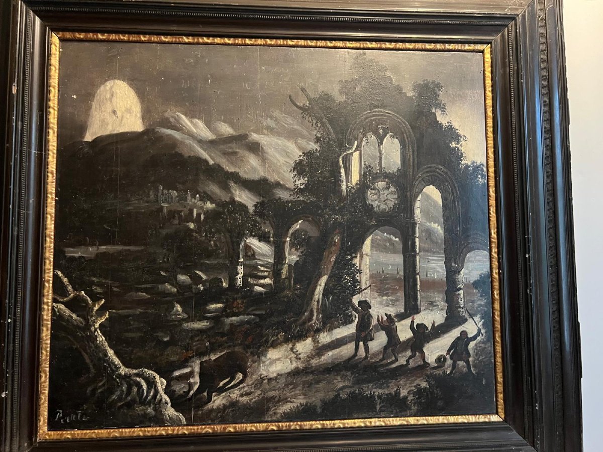 Tableau  19ème  Chasse  à l'ours  Signé  Peraté -photo-1