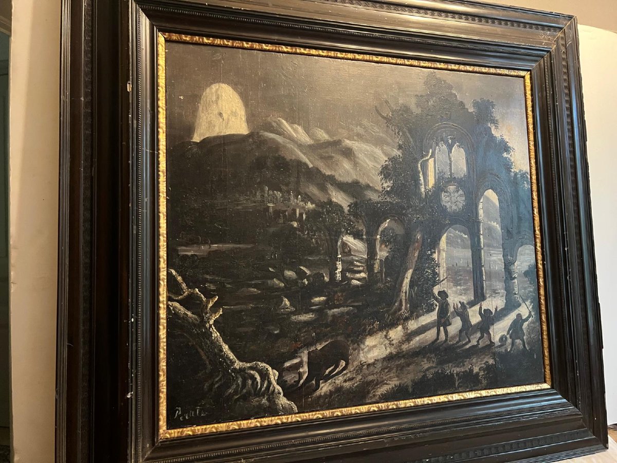 Tableau  19ème  Chasse  à l'ours  Signé  Peraté -photo-3