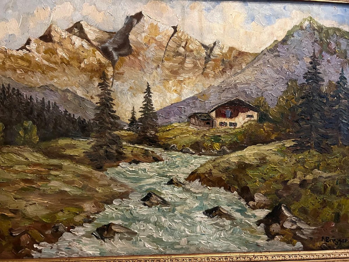 Landscape Painting Mountains With Chalet Signed Burgger, Beautiful Frame. -photo-2