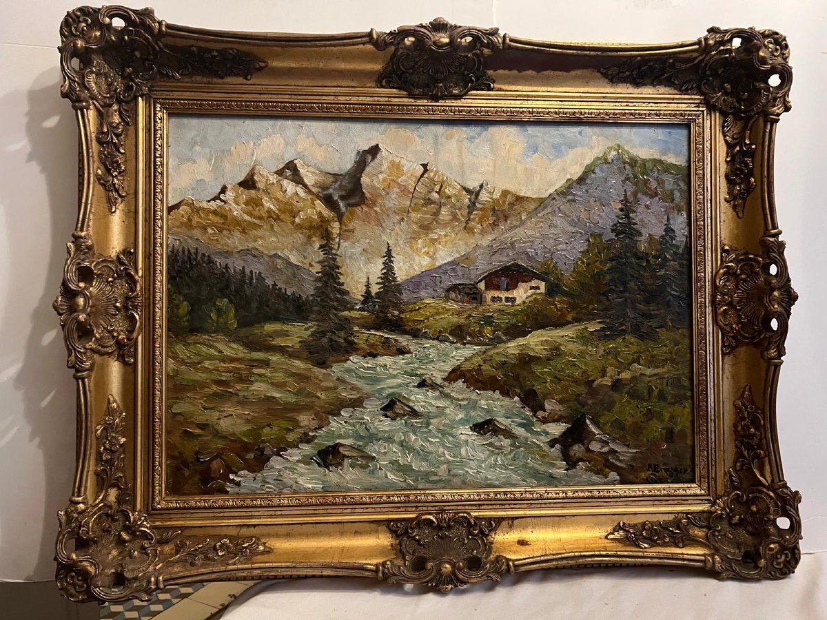 Landscape Painting Mountains With Chalet Signed Burgger, Beautiful Frame. -photo-2