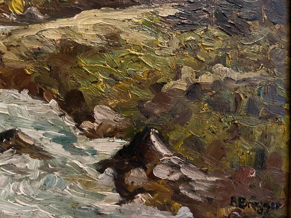 Landscape Painting Mountains With Chalet Signed Burgger, Beautiful Frame. -photo-3