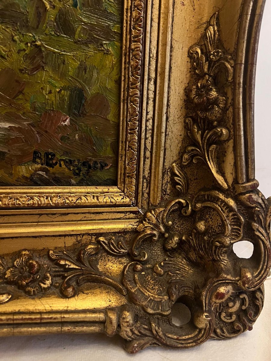 Landscape Painting Mountains With Chalet Signed Burgger, Beautiful Frame. -photo-4