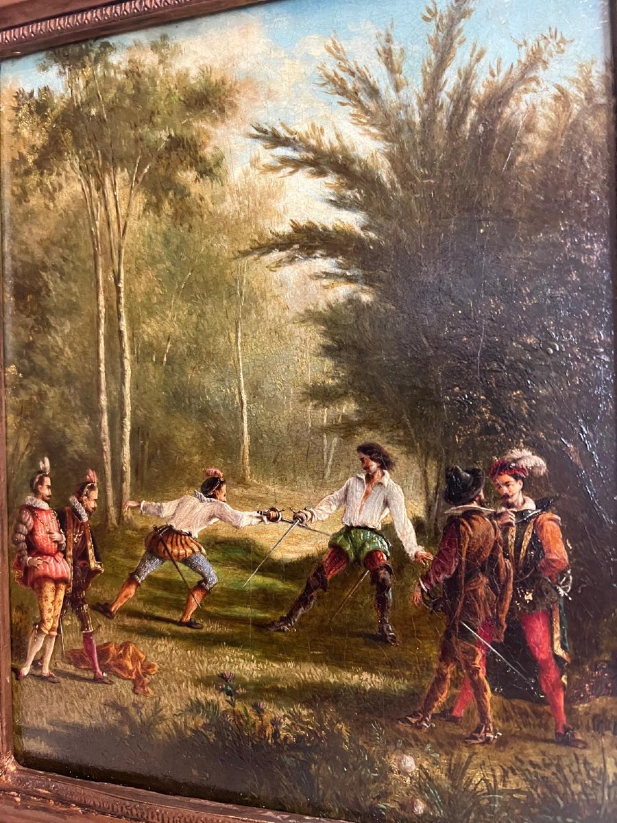 Tableau 19ème  Duel surveillé par les Juges, Signé illisible bas Gauche. -photo-3