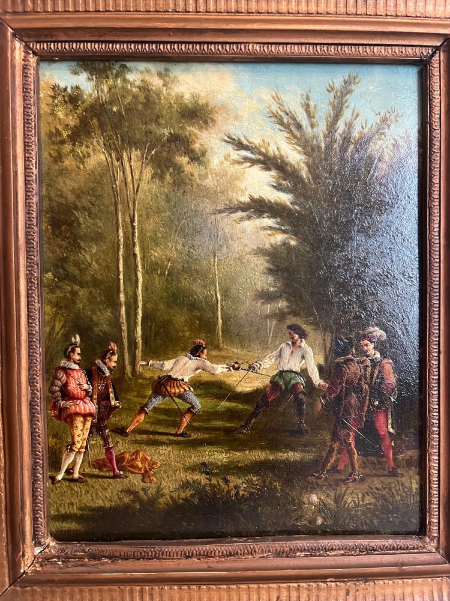 Tableau 19ème  Duel surveillé par les Juges, Signé illisible bas Gauche. -photo-1
