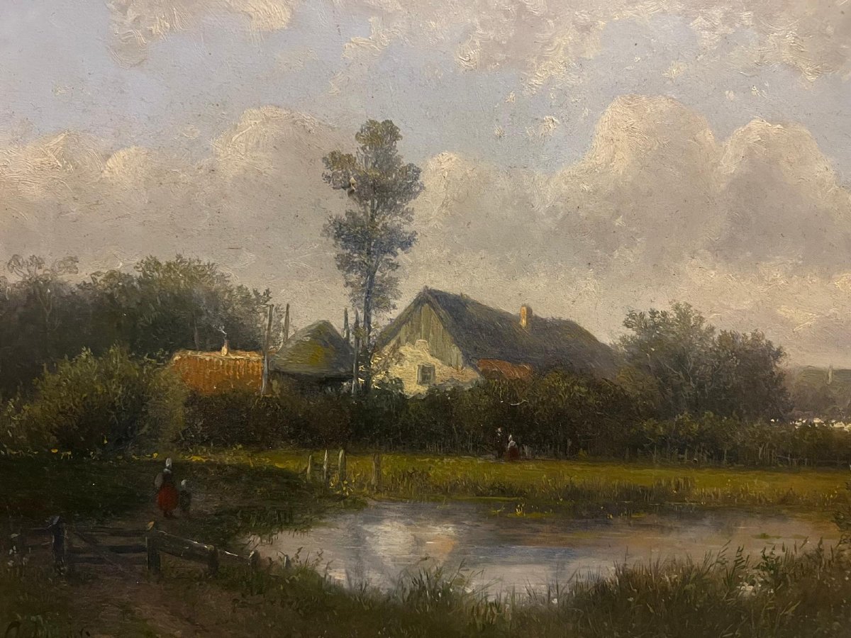 Tableau  Campagne  animé Signé  Illisible Beau Panneau acajou. -photo-2