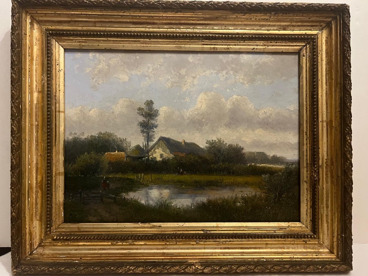 Tableau  Campagne  animé Signé  Illisible Beau Panneau acajou. -photo-3