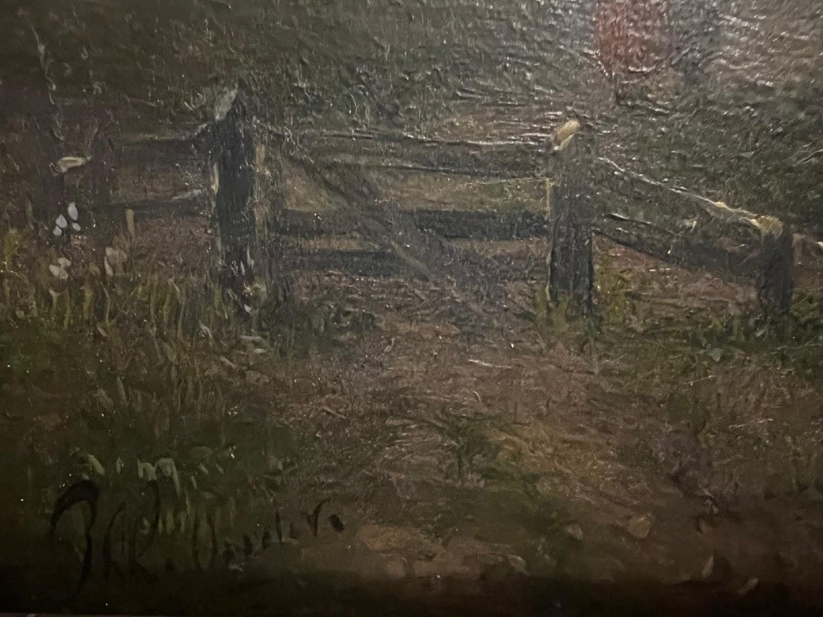 Tableau  Campagne  animé Signé  Illisible Beau Panneau acajou. -photo-4