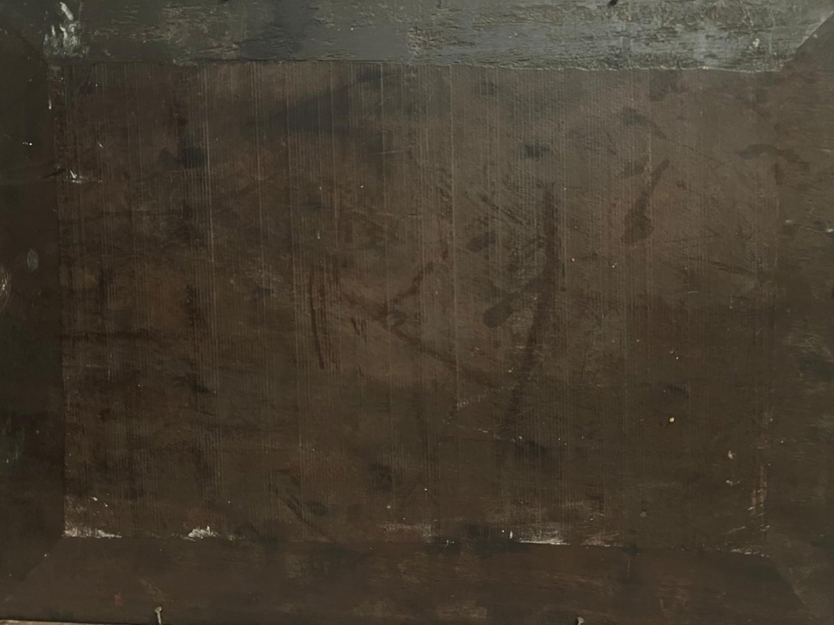 Tableau  Campagne  animé Signé  Illisible Beau Panneau acajou. -photo-4