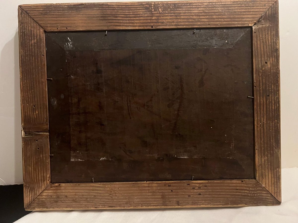 Tableau  Campagne  animé Signé  Illisible Beau Panneau acajou. -photo-5