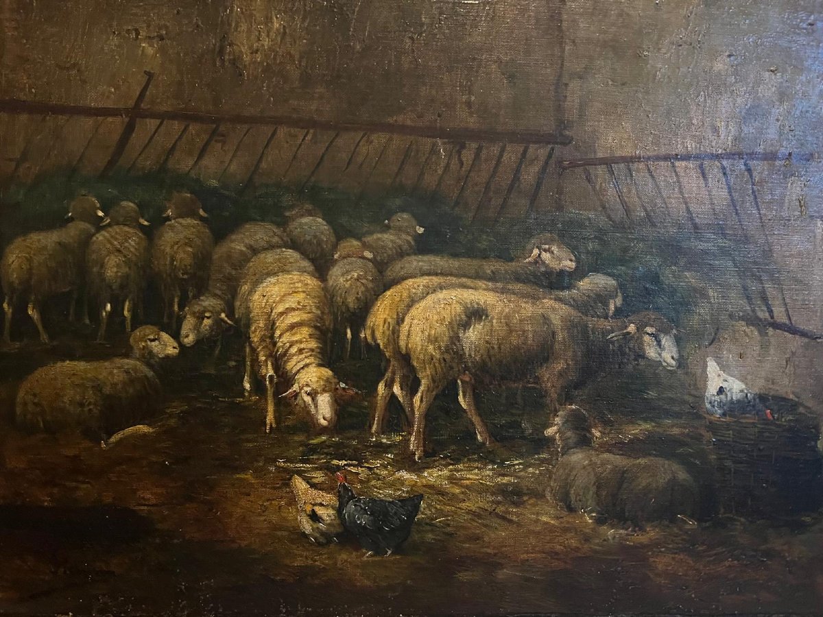 Painting Sheepfold Hens And Sheep Signed Simion, Beautiful Frame.dre, Beautiful Frame. -photo-1