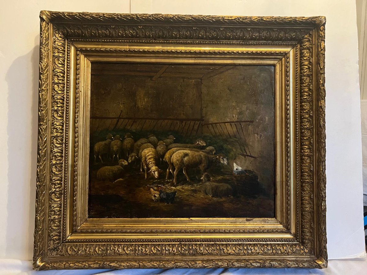 Painting Sheepfold Hens And Sheep Signed Simion, Beautiful Frame.dre, Beautiful Frame. -photo-2