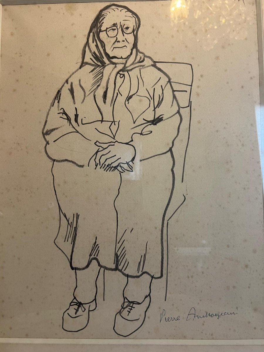 Painting Portrait Old Woman Signed Pierre Ambrogiani 1907 - 1988 , Drawing On Paper. -photo-2
