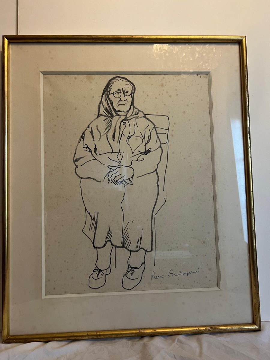Painting Portrait Old Woman Signed Pierre Ambrogiani 1907 - 1988 , Drawing On Paper. 