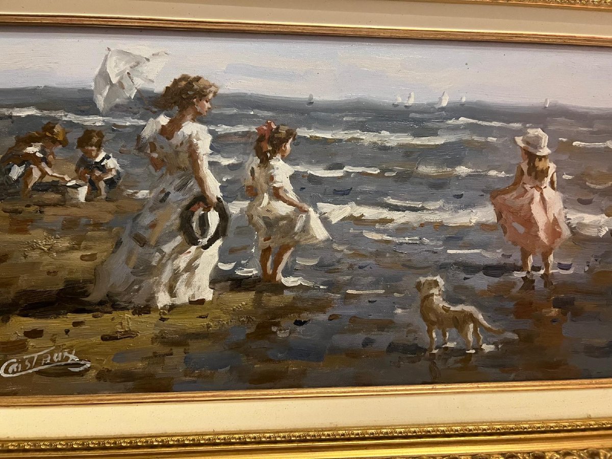 Tableau Mère et enfants à la Plage Signé Françis Cristaux  née 1956.-photo-2