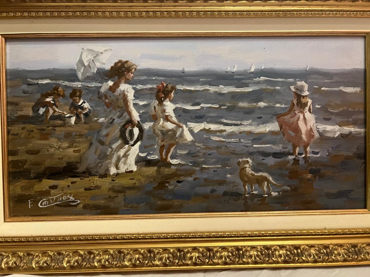 Tableau Mère et enfants à la Plage Signé Françis Cristaux  née 1956.-photo-3