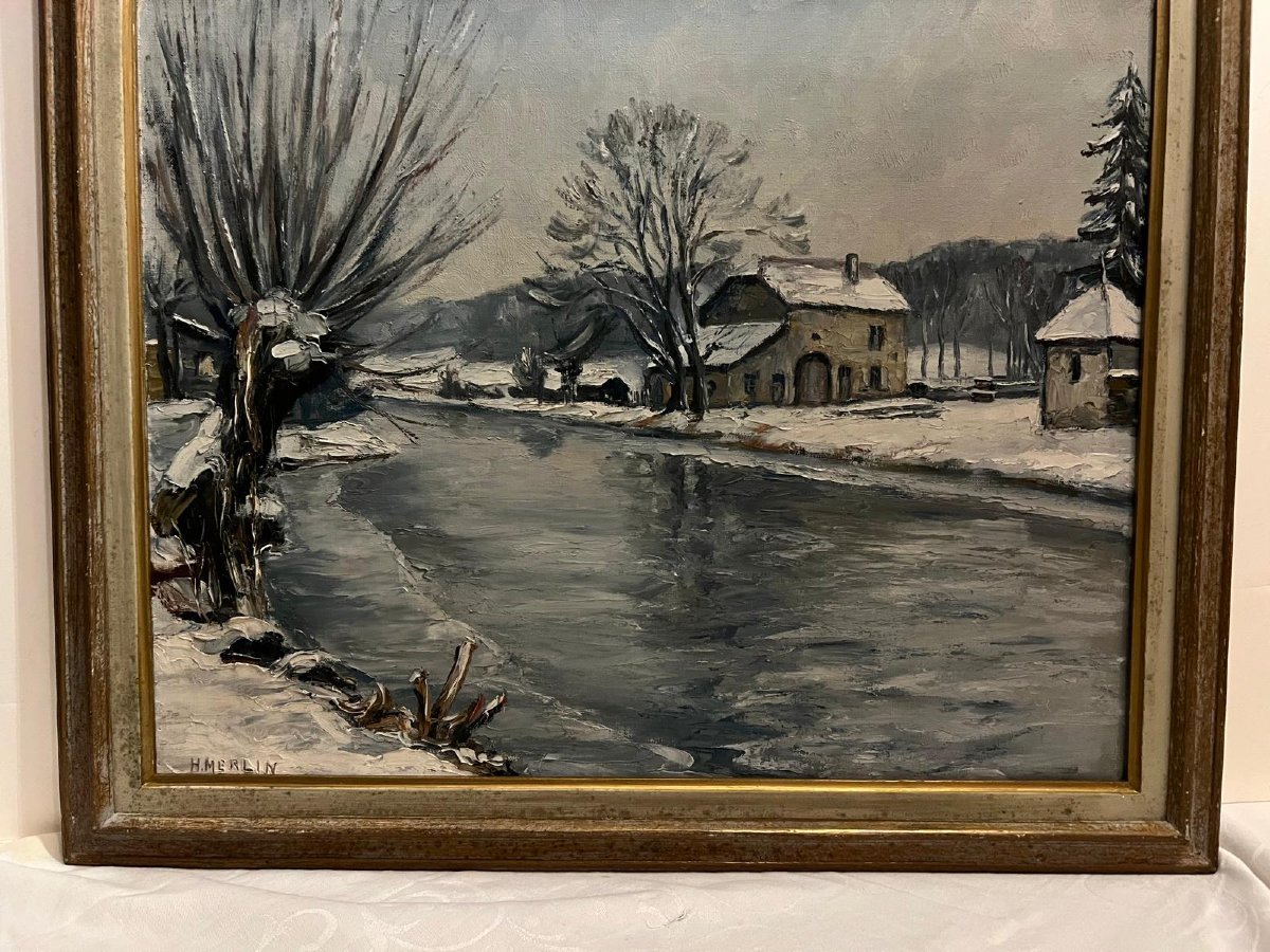 Painting Of A Countryside Landscape In Snow, Signed H. Merlin.-photo-2