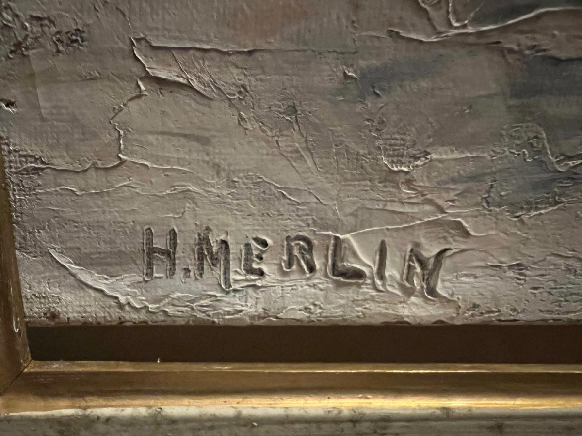 Painting Of A Countryside Landscape In Snow, Signed H. Merlin.-photo-4