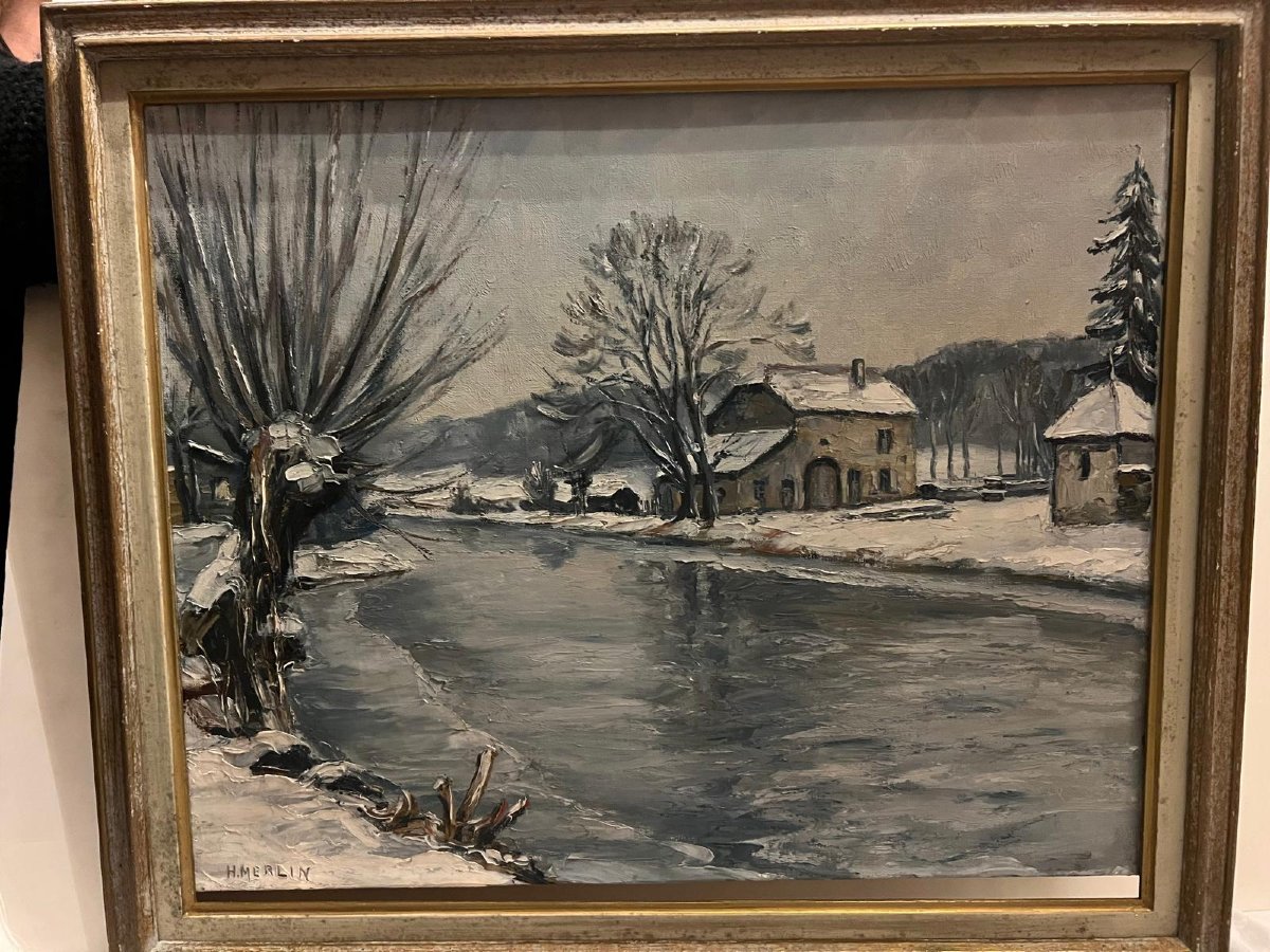 Painting Of A Countryside Landscape In Snow, Signed H. Merlin.-photo-2
