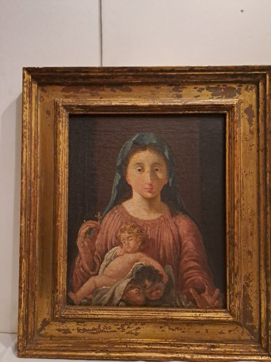 Rare 17th Century Painting Of Saint With Several Children. Oil On Canvas Mounted On Wood. -photo-3