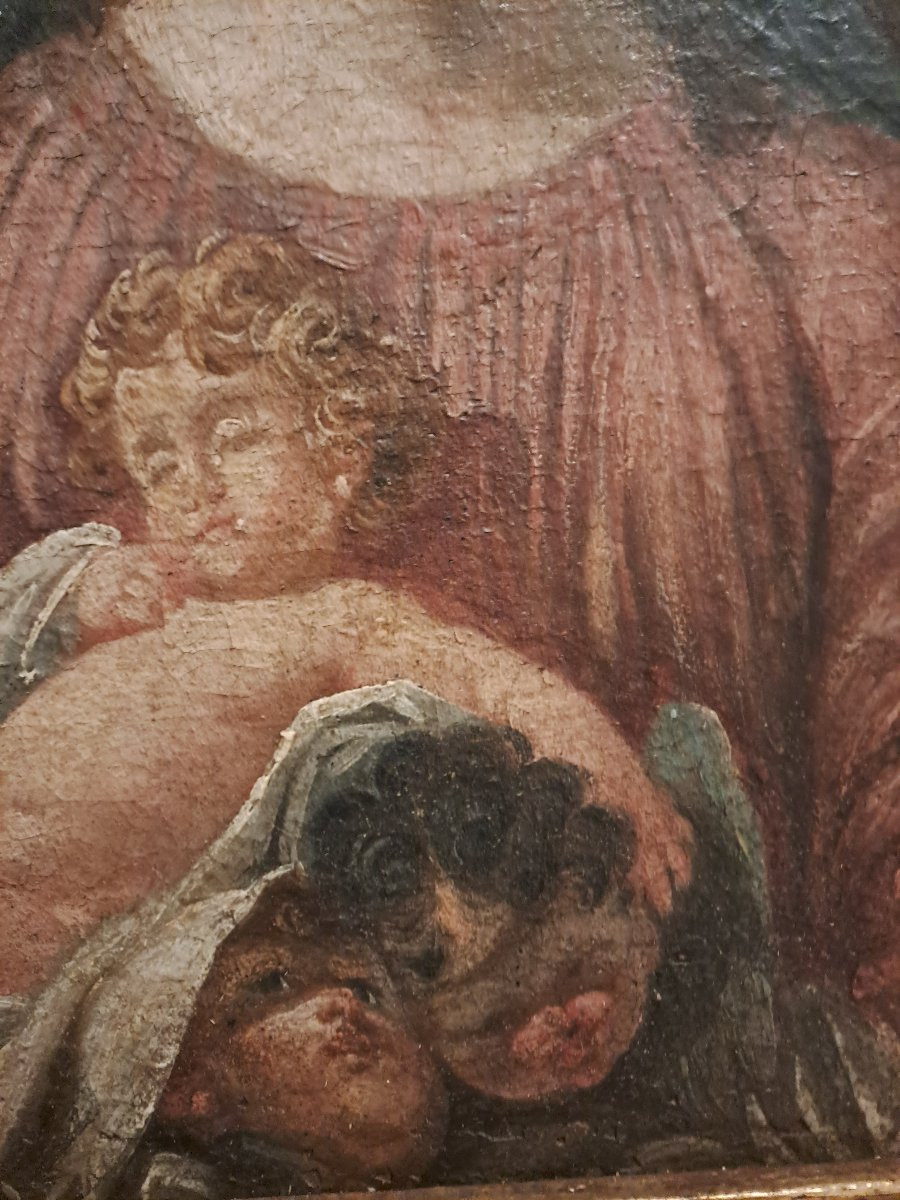 Rare 17th Century Painting Of Saint With Several Children. Oil On Canvas Mounted On Wood. -photo-4