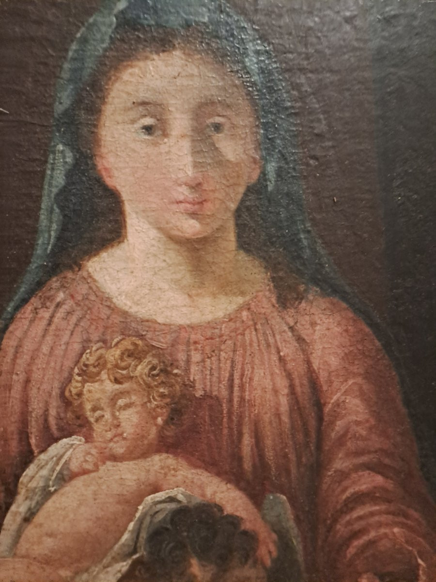 Rare 17th Century Painting Of Saint With Several Children. Oil On Canvas Mounted On Wood. -photo-2