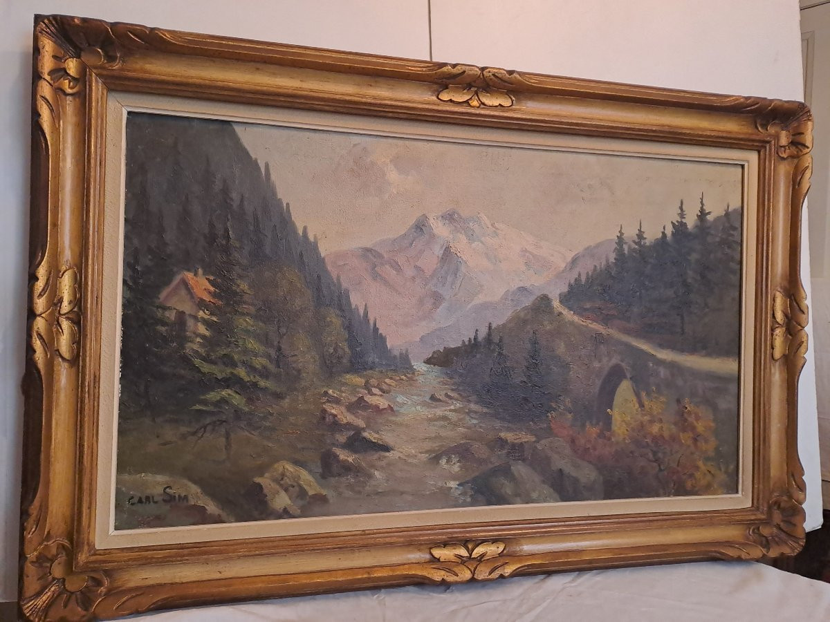 Tableau  Paysage  Alpin Signé  Karl Sim, très beau cadre en bois Sculpter. -photo-1