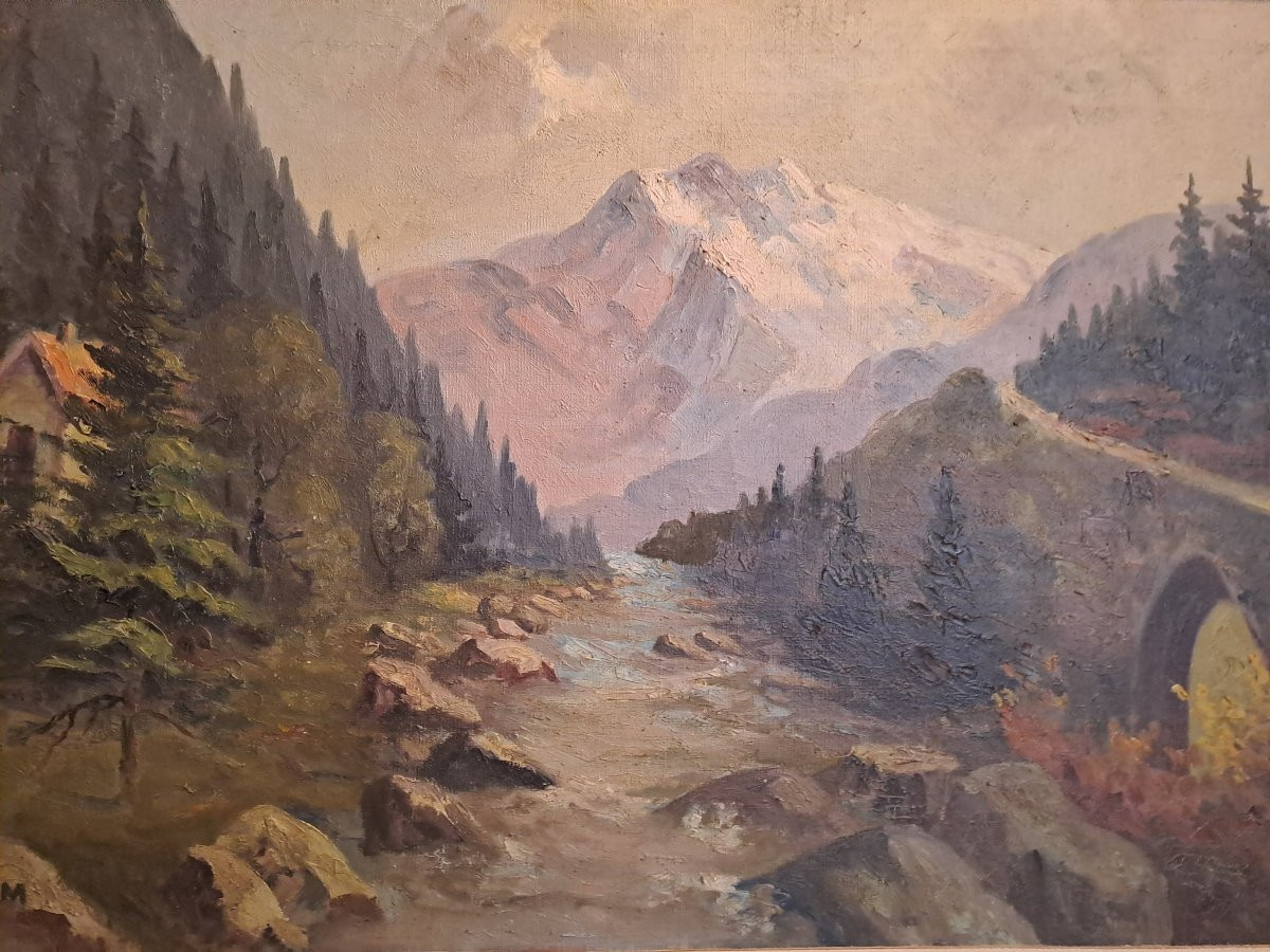 Tableau  Paysage  Alpin Signé  Karl Sim, très beau cadre en bois Sculpter. -photo-2