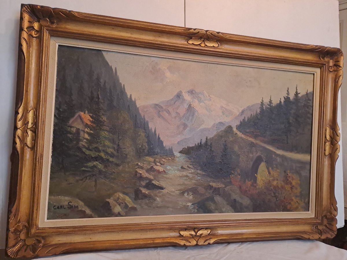 Tableau  Paysage  Alpin Signé  Karl Sim, très beau cadre en bois Sculpter. -photo-3