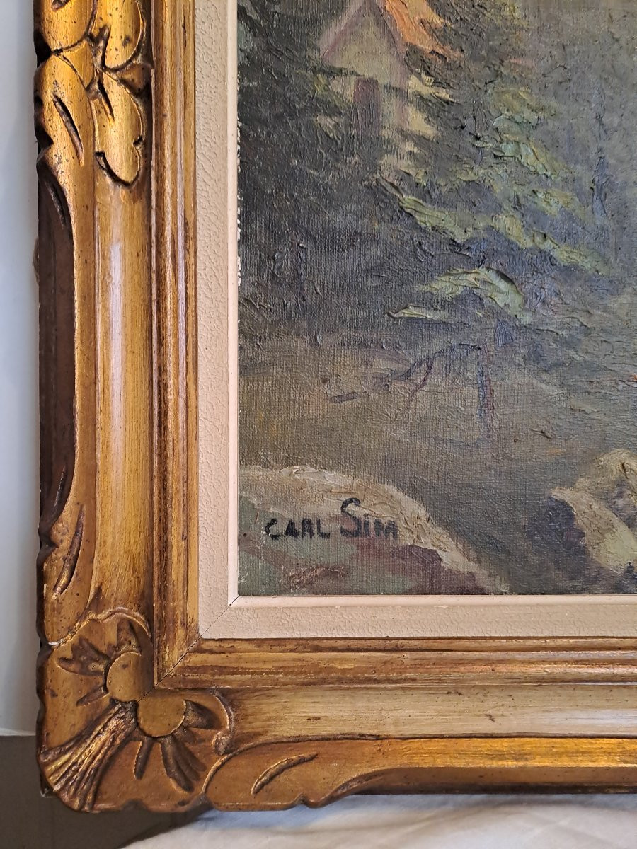 Tableau  Paysage  Alpin Signé  Karl Sim, très beau cadre en bois Sculpter. -photo-4