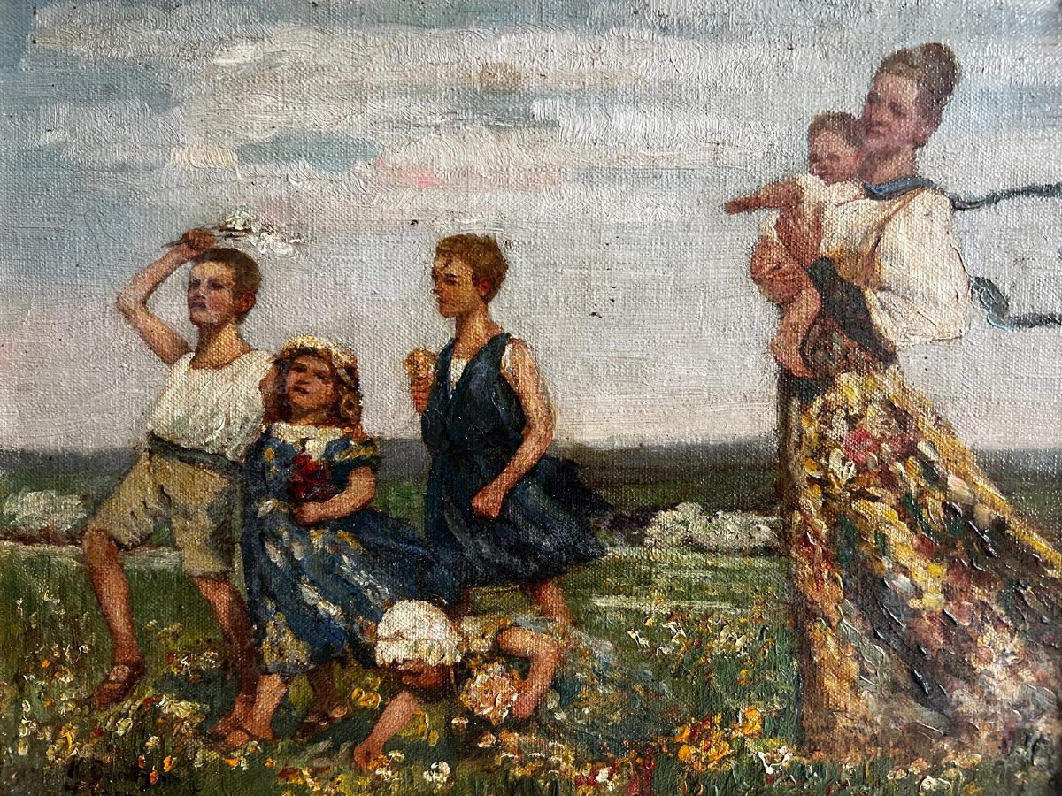 Tableau 4 Enfants du peintre Signé, CARL BANTZER ,1857-1941. Voir Artprice. -photo-1