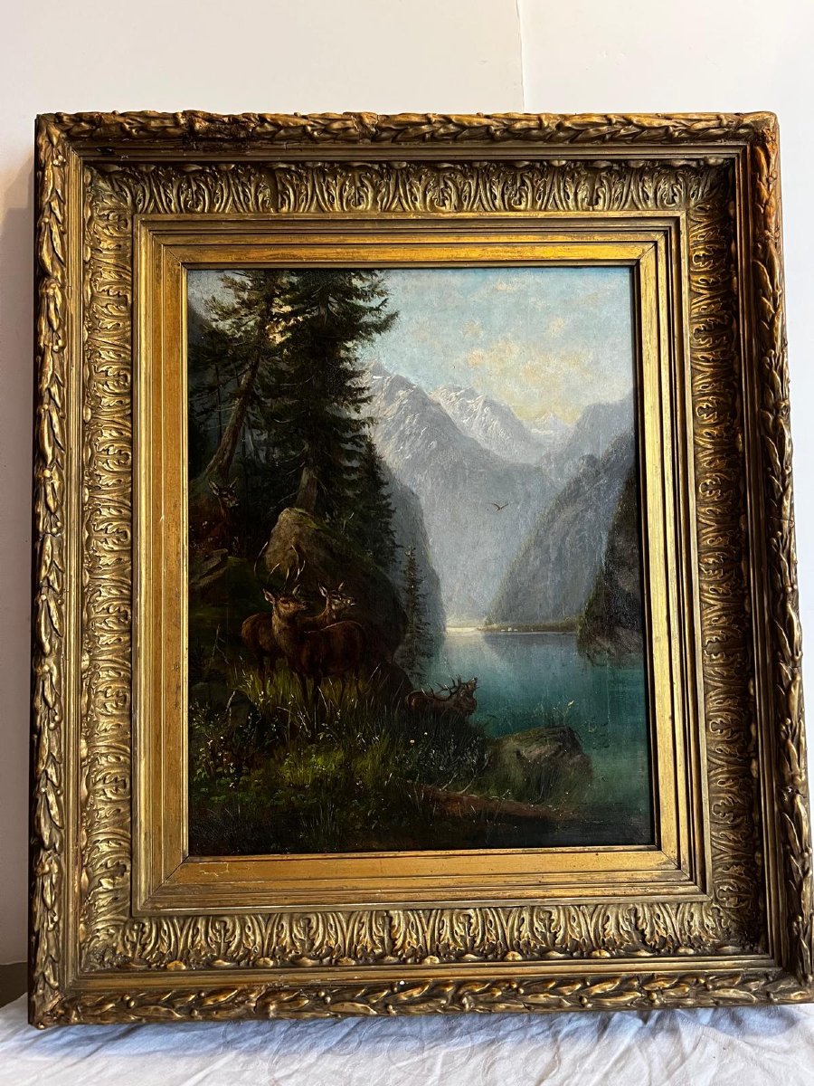 Landscape Painting With Deer And Does By A Lake, Signed Christian Johann Kröner 1838-1911.-photo-2