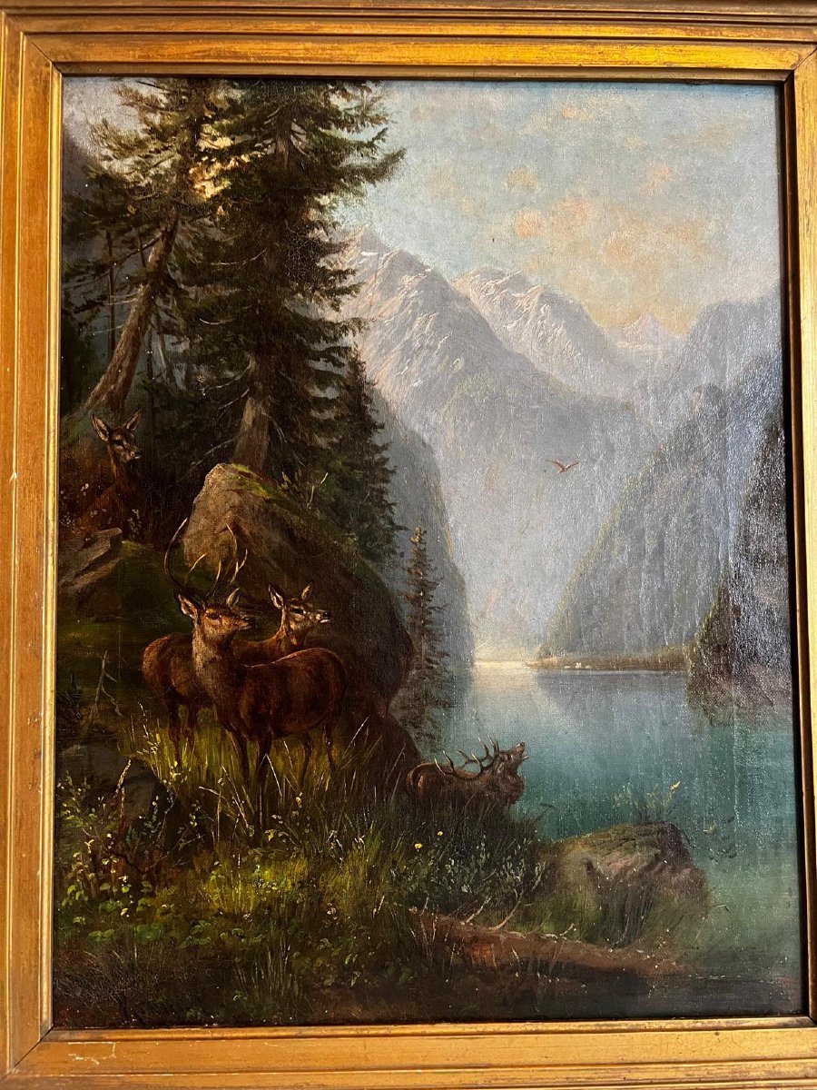 Landscape Painting With Deer And Does By A Lake, Signed Christian Johann Kröner 1838-1911.-photo-3